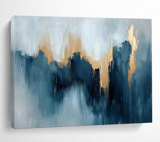 “Teal - Gray Abstract with Gold Peaks” - Teal, Gray, Gold, Mountain - Like Shapes Painting On Canvas HB0827