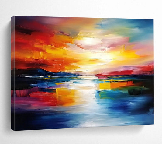 “Fiery Sunset Reflections” - Bold Reds, Oranges, Yellows, and Blues, Dramatic Sunset Over Water Painting On Canvas HB0910