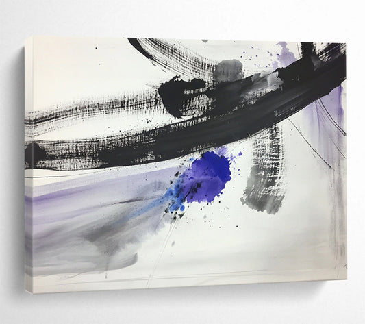 “Ink Splash with Purple - Blue Accents” - Black, Gray, Purple, Blue, Expressive Ink Splashes - Ink Painting HB1630
