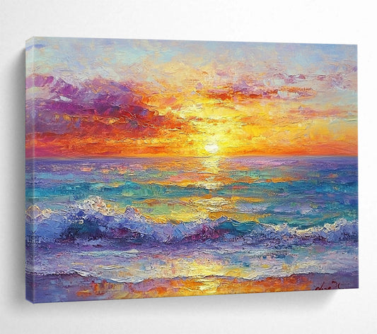 “Vibrant Sunset Over Ocean” - Oranges, Pinks, Purples, Blues, Ocean Sunset - Impasto Oil Painting HB1566