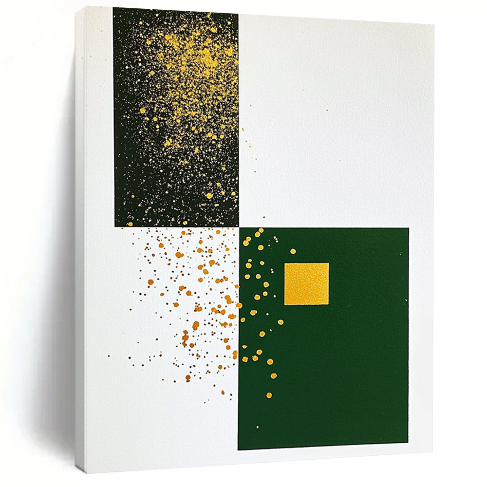 Contemporary abstract artwork featuring minimalist Japandi style with gold ink splatters on white paper and a dark green cardstock centerpiece. DLZ1613
