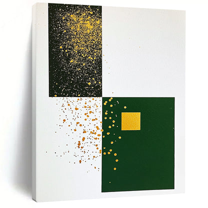 Contemporary abstract artwork featuring minimalist Japandi style with gold ink splatters on white paper and a dark green cardstock centerpiece. DLZ1613