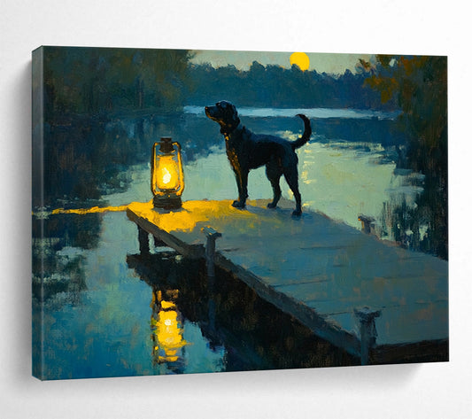 “Moonlit Dog by the Lake” - Blue, Yellow, Black Dog, Lake, Lantern - Realist Oil Painting HB1685