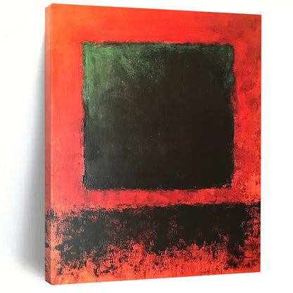 Contemporary hand-painted abstract artwork featuring a central dark green and black square against a blended vibrant red background. DLZ1449