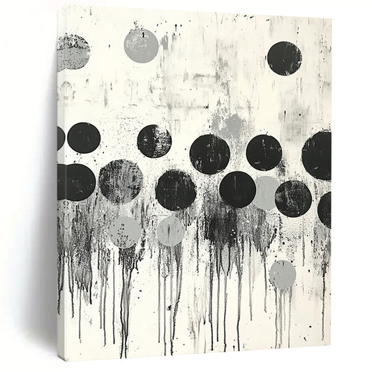 Black, Gray & White Dripping Dots - “Urban Raindrop Rhythm” Painting On Canvas HB191