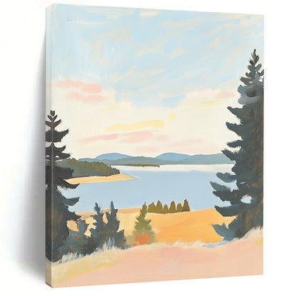 Contemporary minimalist landscape art featuring muted pastels of Lake St. Paul in Oregon on antique white paper, evoking serene beauty and tranquil views. DLZ1575