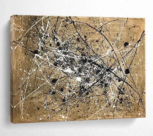 “Splattered Black and White on Gold” - Gold, Black, White, Abstract Splatter Art - Acrylic Painting HB1655