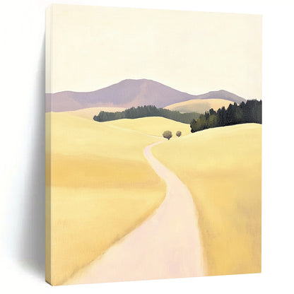 Contemporary hand-painted abstract artwork featuring a serene rural road in New Zealand with rolling hills in soft yellow tones and minimalistic design. DLZ1099
