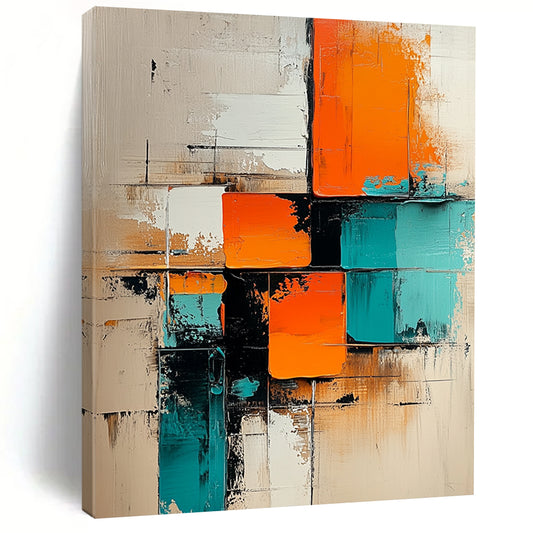 Contemporary abstract painting featuring geometric shapes in turquoise and orange on a beige background with oil paint texture on a vertical canvas. DLZ0722
