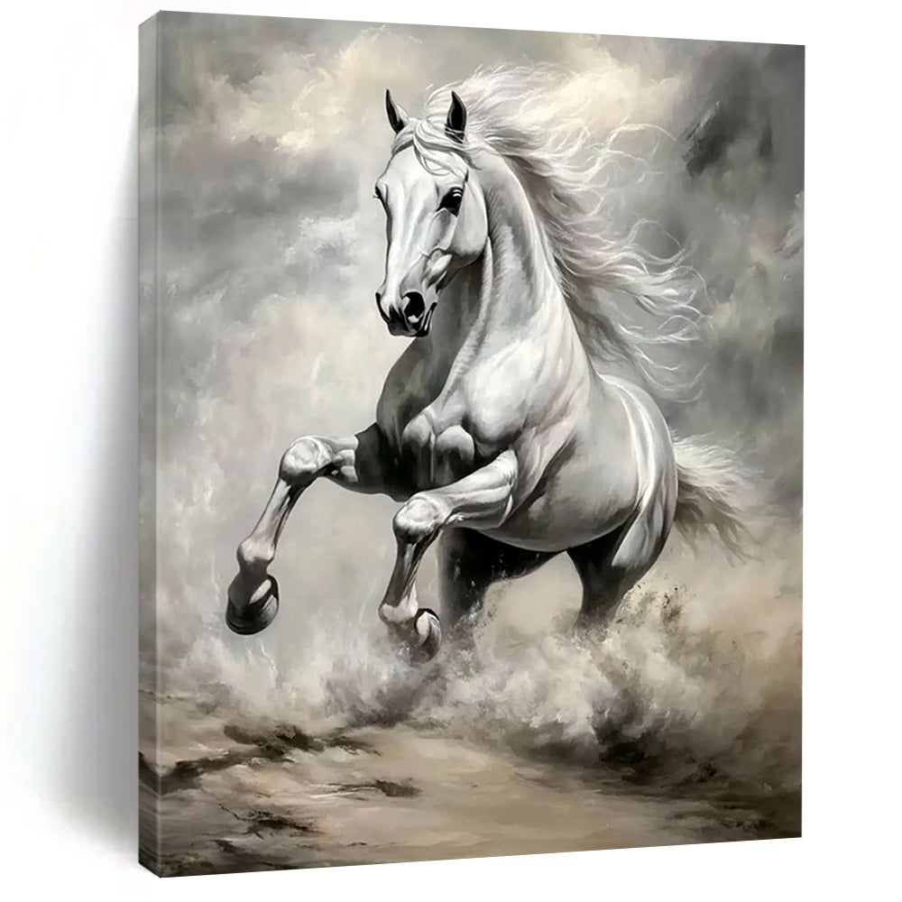 Contemporary hand-painted abstract art featuring a silver horse galloping across vast grassland with exquisite details and vibrant colors illuminated by sunlight. DLZ1660