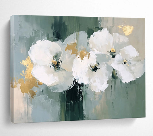 “White Flowers with Gold Accents” - Green, White, Gold with Floral Forms - Painting On Canvas HB1405
