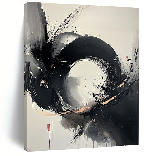 Black, White, Gray, Splattered Circle "Ink Blot Symphony" Abstract Expressionist Painting On Canvas HB105