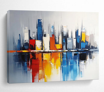 “Colorful Cityscape Reflection” - Colorful, Urban Skyscrapers, Reflection in Water Painting On Canvas HB0848