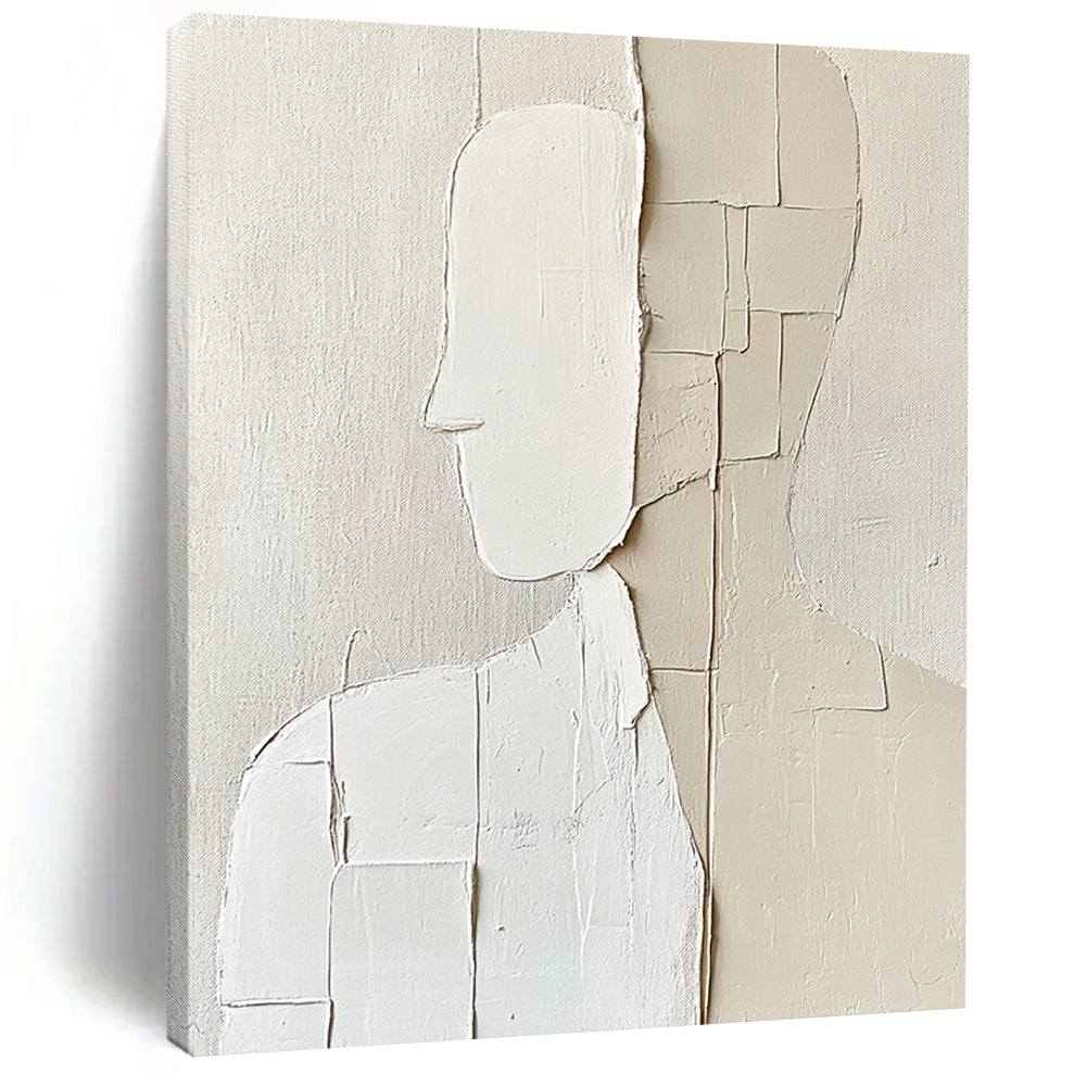 Contemporary abstract artwork features minimalism with deconstructed tailoring in simple shapes on a textured beige background creating a monochromatic aesthetic. DLZ1729