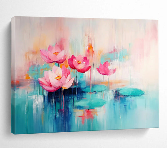 “Pastel Lotus Serenity” - Soft pinks, turquoises, oranges; Dreamy lotus flowers, pond; Impressionistic Floral Painting On Canvas HB1159