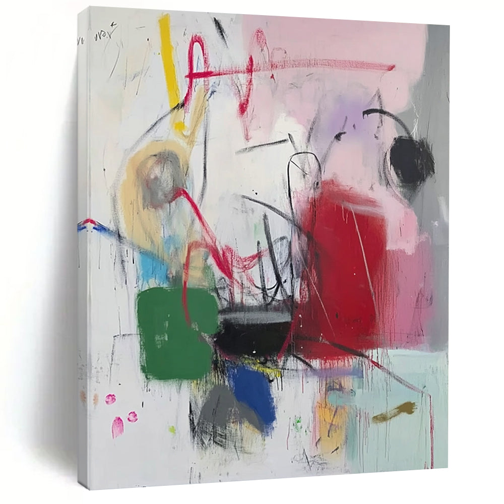 Bold contemporary abstract artwork featuring vibrant pink red green blue white black purple yellow orange hues with expressive scribbles and graffiti elements. DLZ1049