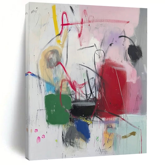 Bold contemporary abstract artwork featuring vibrant pink red green blue white black purple yellow orange hues with expressive scribbles and graffiti elements. DLZ1049
