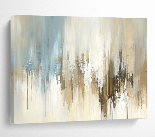 “Beige and Blue Abstract Drip” - Beige, blue, gray, white; Abstract with drip effects and soft color transitions; Acrylic Painting On Canvas HB1263