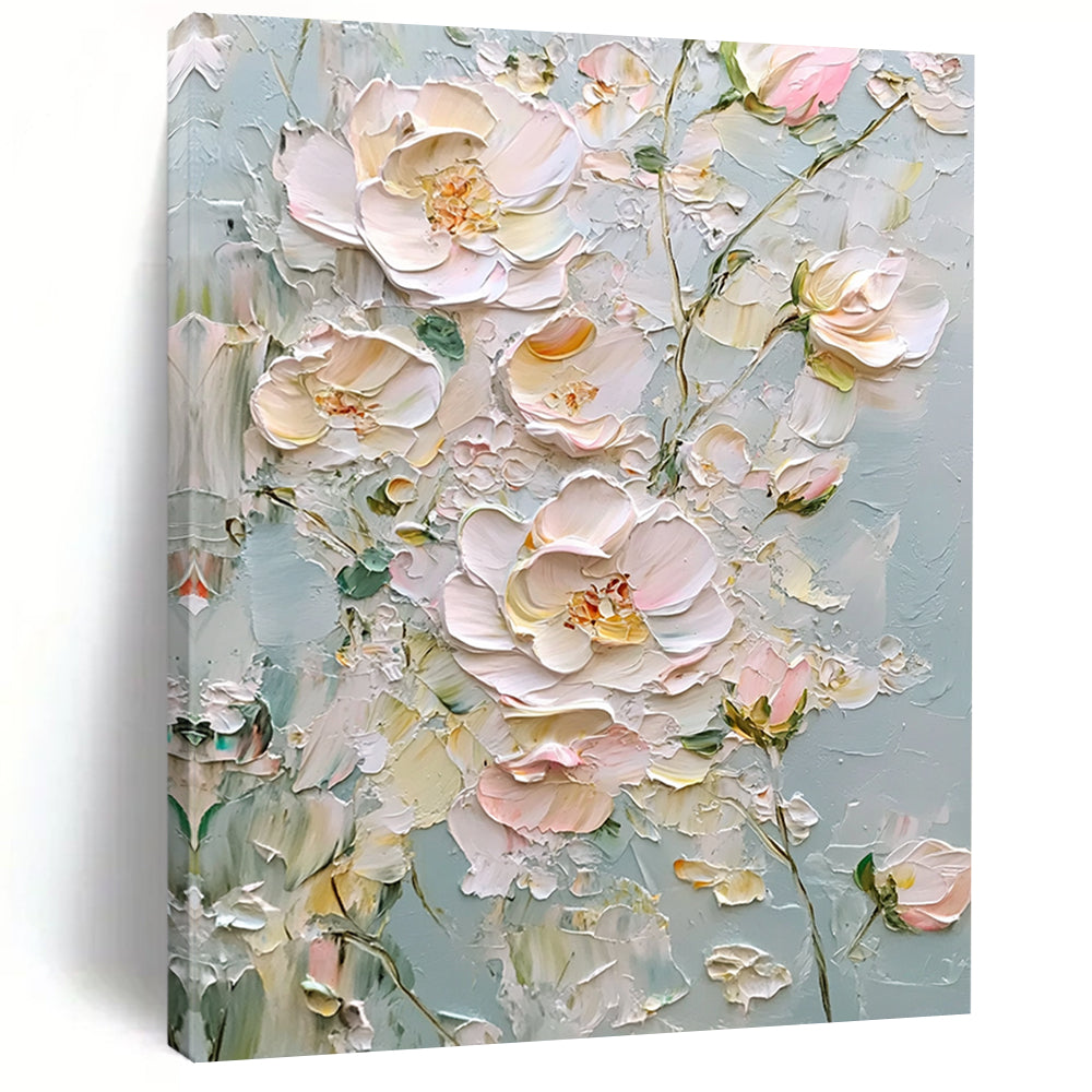 Contemporary hand-painted abstract art featuring light pink and white flowers on a gray background with thick impasto texture and a dreamy atmosphere. DLZ1669
