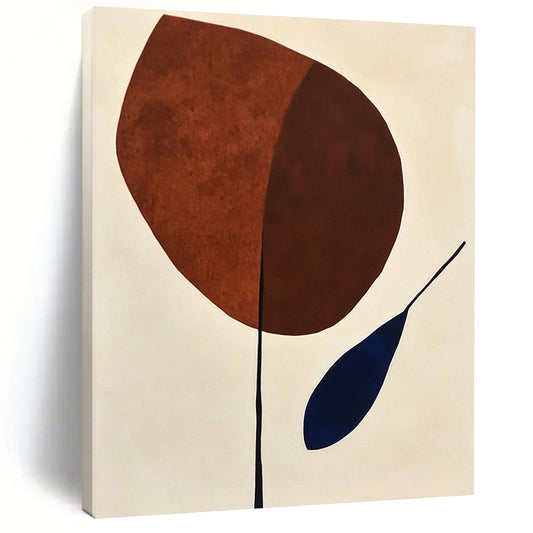 Contemporary abstract painting featuring organic shapes in brown and blue on a minimalist white background, evoking mid-century artistic style. DLZ1309