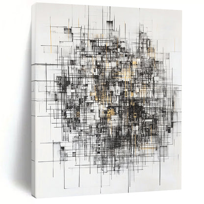 Black, White, Gray, Gold, Intersecting Lines "Gilded Urban Web" Abstract Expressionist Painting On Canvas HB124