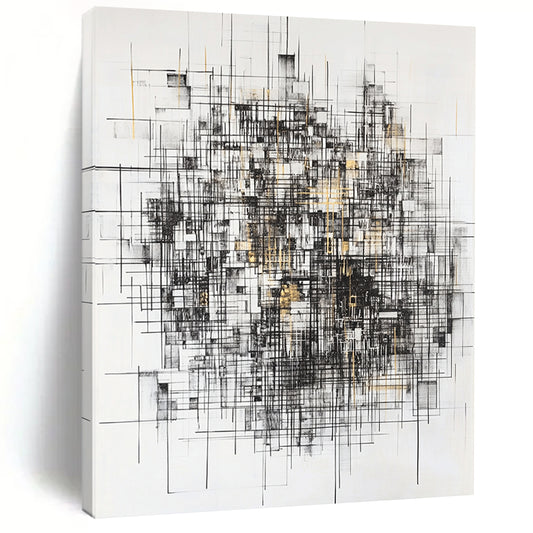Black, White, Gray, Gold, Intersecting Lines "Gilded Urban Web" Abstract Expressionist Painting On Canvas HB124