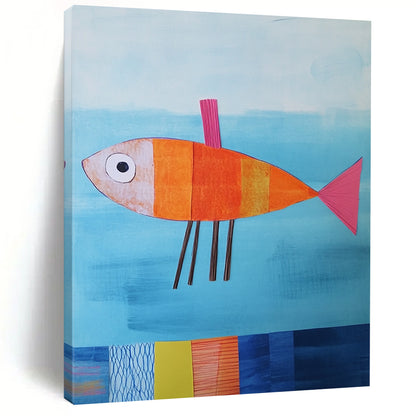 Contemporary abstract artwork features a paper fish in blue water with colorful details and textured fins against a playful backdrop. DLZ1260