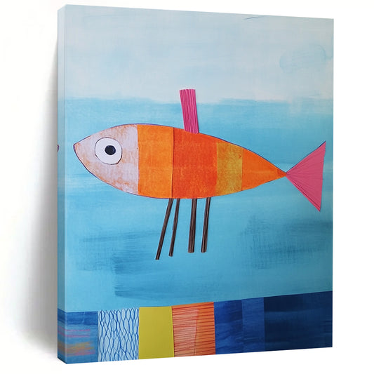 Contemporary abstract artwork features a paper fish in blue water with colorful details and textured fins against a playful backdrop. DLZ1260