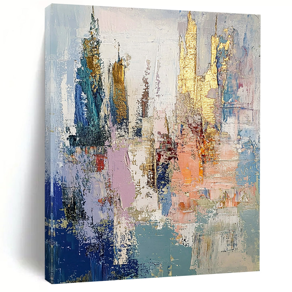 Contemporary abstract oil painting depicts an underwater city in muted pastels with gold leaf accents and thick brush strokes creating textured layers. DLZ0890