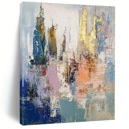 Contemporary abstract oil painting depicts an underwater city in muted pastels with gold leaf accents and thick brush strokes creating textured layers. DLZ0890