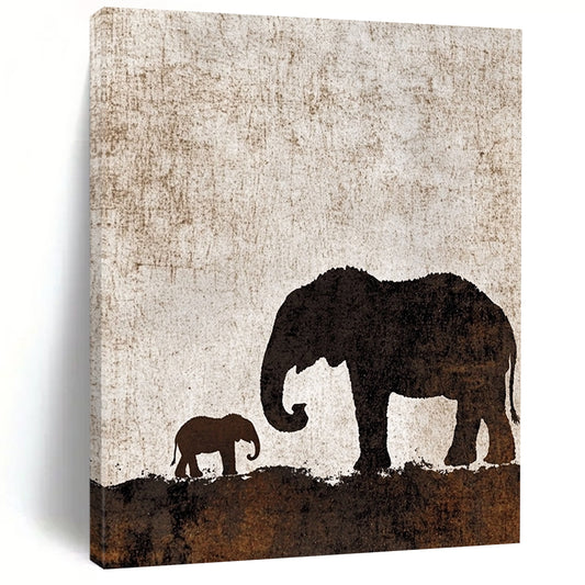 Contemporary abstract artwork featuring an elephant silhouette with calf on a textured brown and white background, perfect for any modern space. DLZ1088