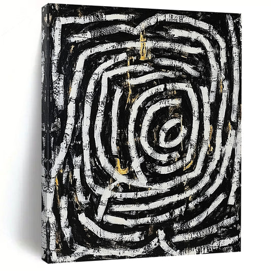 Black, White, Gold and Gray Spiral Maze "Endless Journey" Painting On Canvas HB344