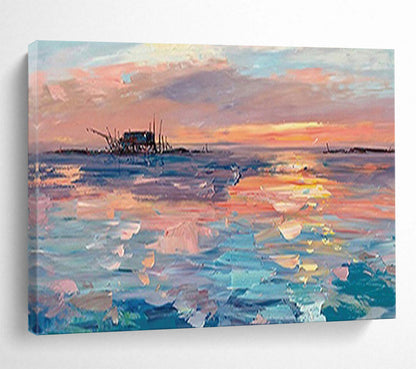 Sunset Sea Shack Oil Painting - Coastal Living Room or Office Art DLZ205