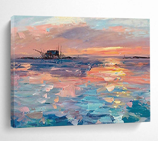 Sunset Sea Shack Oil Painting - Coastal Living Room or Office Art DLZ205