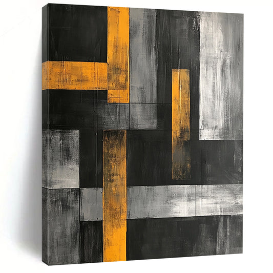 Black, Gray, White and Yellow Geometric Blocks "Urban Rhythm" Painting On Canvas HB351