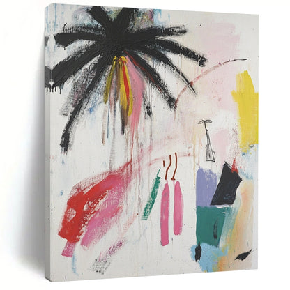 Contemporary hand-painted abstract art featuring palm trees and vibrant colors with a unique figure, blending raw strokes and minimalistic elements. DLZ0633