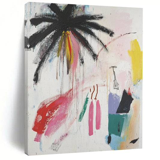 Contemporary hand-painted abstract art featuring palm trees and vibrant colors with a unique figure, blending raw strokes and minimalistic elements. DLZ0633