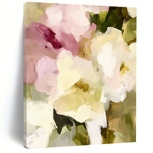 Large contemporary abstract painting featuring soft edges and blurry details with vintage floral elements in pale pink and cream tones. DLZ0379