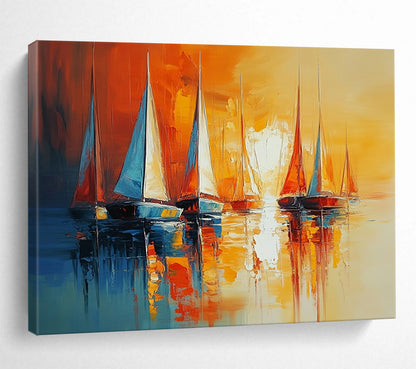 “Sunset Sails” - Orange, yellow, blue; Sailboats on calm water at sunset; Impasto Oil Painting On Canvas HB1166