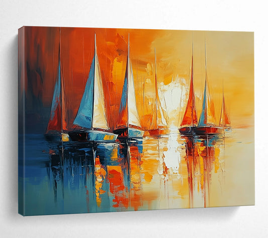 “Sunset Sails” - Orange, yellow, blue; Sailboats on calm water at sunset; Impasto Oil Painting On Canvas HB1166