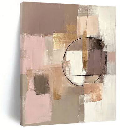 Contemporary hand-painted abstract artwork featuring beige and pink tones with geometric elements and gold accents in soft textures. DLZ0874