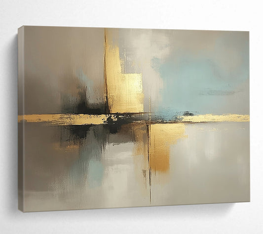 “Neutral Tones with Gold Cross” - Beige, light blue, gray, gold; Abstract cross with gold in neutral tones; Acrylic Painting On Canvas HB1248