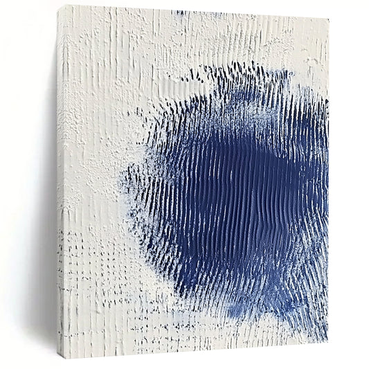 Contemporary abstract art featuring serene white and blue textures with a central dark blue spot creating depth and minimalistic elegance. DLZ1223