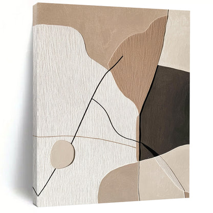Contemporary abstract artwork featuring minimalist Japandi design with string and paper shapes on a beige background, accented with black and thick lines. DLZ1620