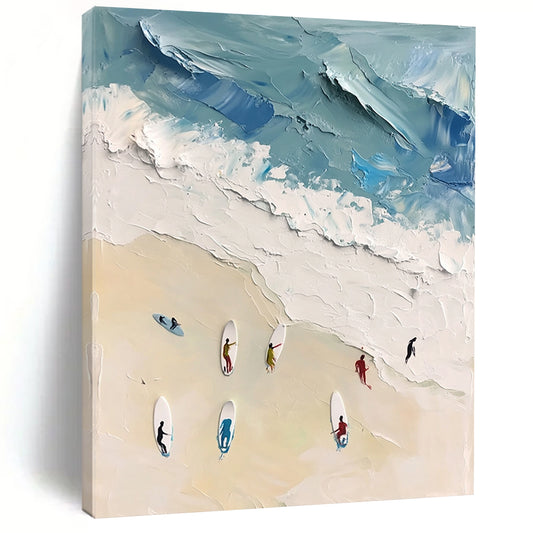Large contemporary abstract artwork featuring vibrant acrylic colors capturing surfers in motion against a white sand beach backdrop in soft blues and greens. DLZ0842