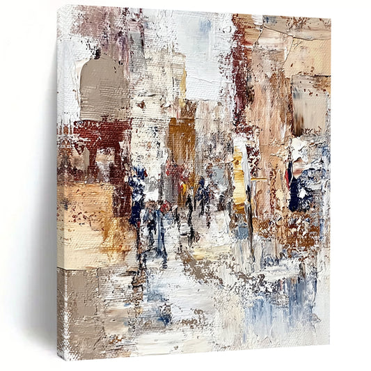 Contemporary hand-painted abstract artwork featuring textured streets and figures in an old European city with rich colors and intricate details. DLZ1005