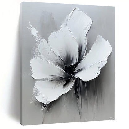 Contemporary abstract oil painting featuring bold white flowers and a high contrast black and gray palette on a neutral background. DLZ0827