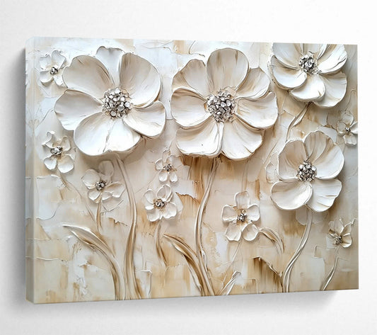 Cream - Colored Floral Relief - Subtle Textured Flower Painting On Canvas HB0430