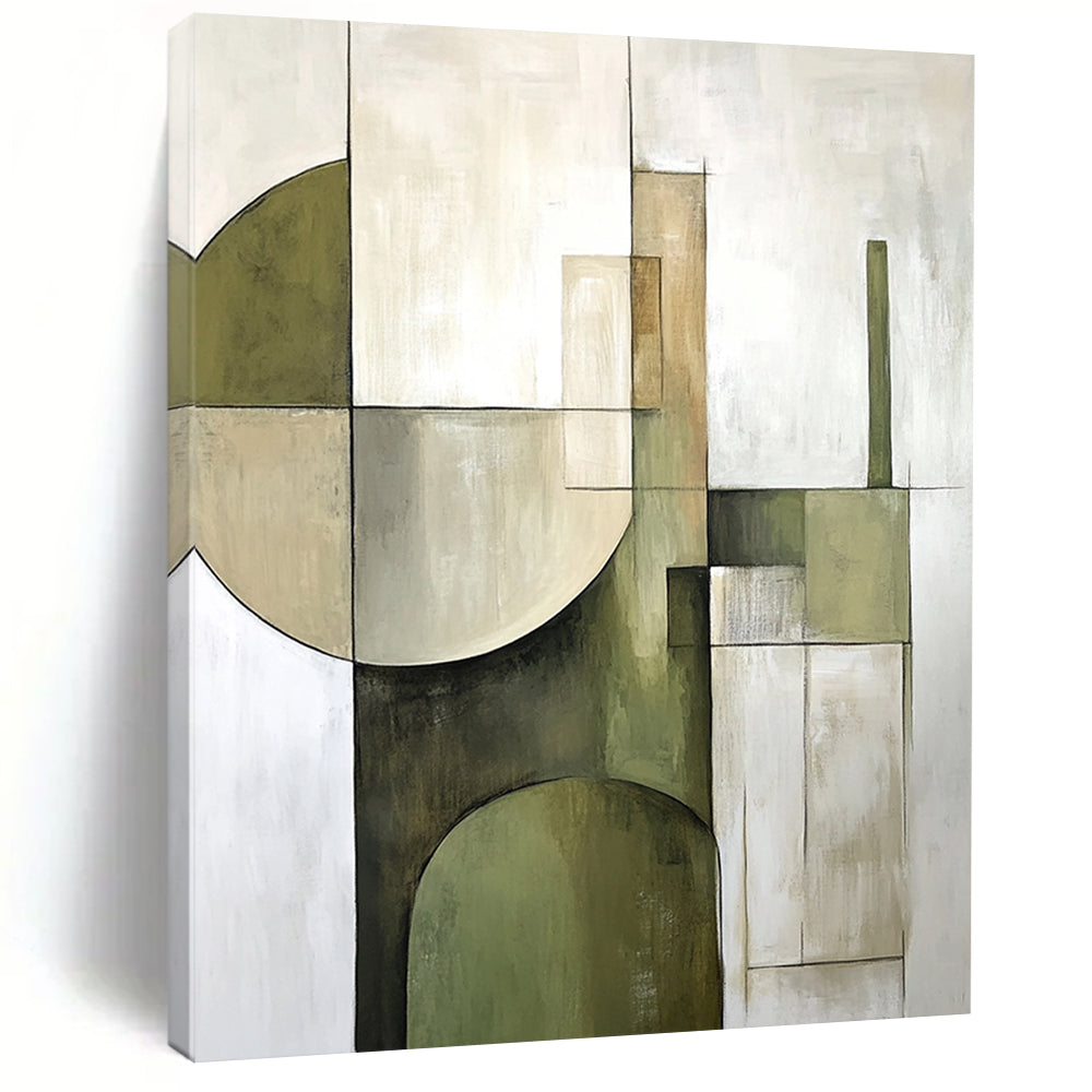 Large contemporary hand-painted abstract artwork featuring soft sage green and beige geometric shapes on a white background for modern decor enthusiasts. DLZ1059