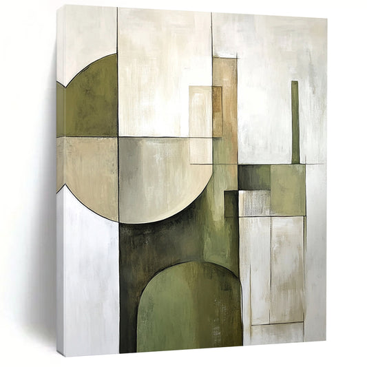 Large contemporary hand-painted abstract artwork featuring soft sage green and beige geometric shapes on a white background for modern decor enthusiasts. DLZ1059